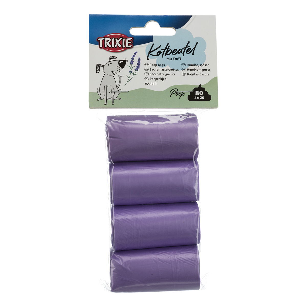 Dog Pick Up dog dirt bags with lavender scent, M, 4 rolls of 20 bags, purple